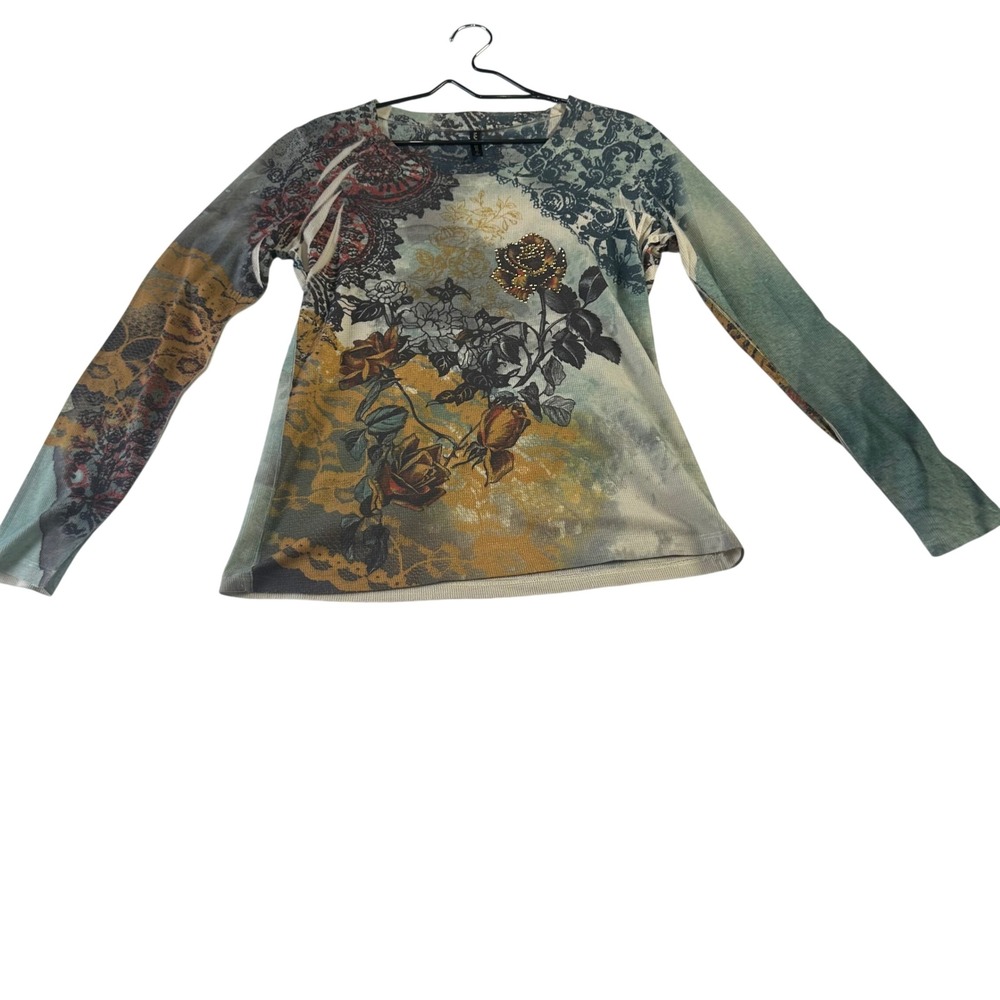 Massini Womens Floral Paisley Studded Waffle Knit Long Sleeve Top Teal Large